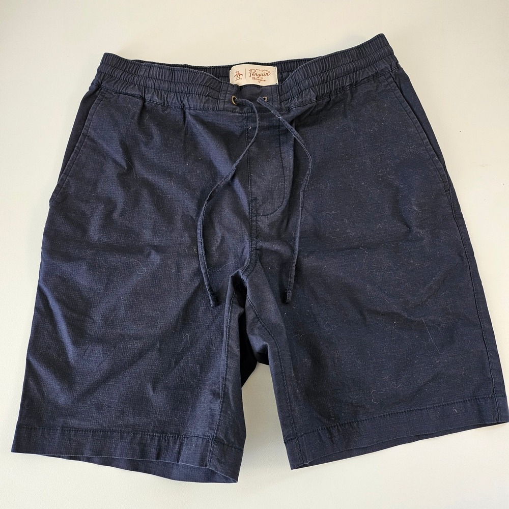Original Penguin Mens Navy Blue Linen Blend Drawstring Elastic Waist Shorts 30